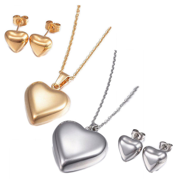 Stainless Steel Pendant Necklace Stud Earrings Set Heart Silver 18" P805