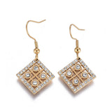 Gold Tone Stainless Steel Dangle Earrings Zirconia Rhombus 37.5mm A186