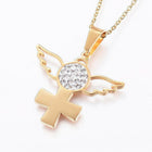 Stainless Steel Set Pendant Necklace Cross Wings Earrings Gold 17.7'' P816