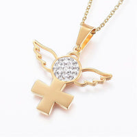 Stainless Steel Set Pendant Necklace Cross Wings Earrings Gold 17.7'' P816