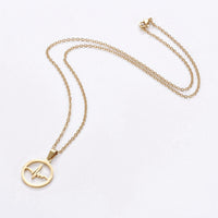 Stainless Steel Set Earring Pendant Necklace Flat Round Heartbeat Gold 18" P793