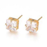 Stud Earrings 316 Stainless Steel Zirconia Square 18K Gold 16x7mm 0.7mm Z423