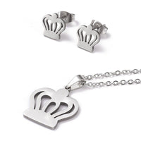 Stainless Steel Set Pendant Necklace Stud Earrings Lobster Crown Silver 17" A447