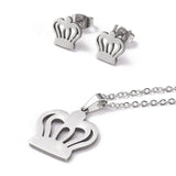 Stainless Steel Set Pendant Necklace Stud Earrings Lobster Crown Silver 17" A447