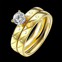 Stainless Steel Bridal Engagement Set Ring Yellow Gold AAA Zirconia Women B441