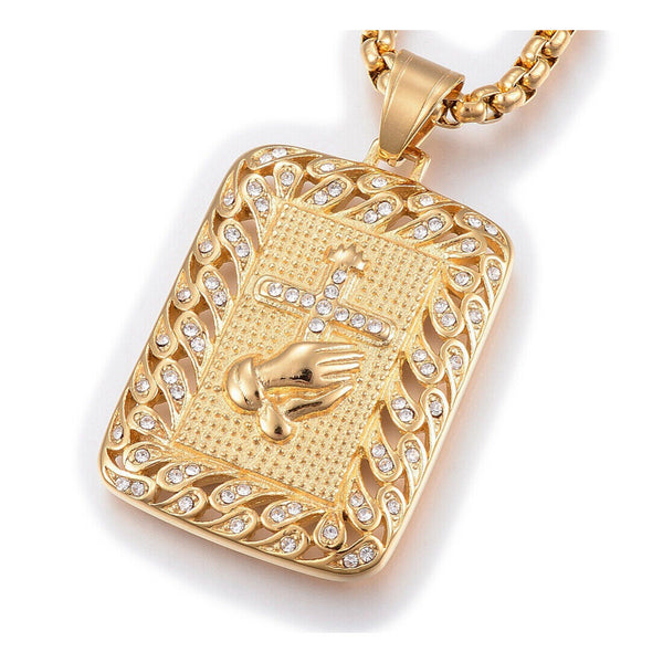 Stainless Steel Pendant Necklace Rhinestone Rectangle Hand Cross Gold 24" Z465