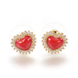 Brass Cubic Zirconia Stud Earrings Enamel Heart Red Gold 10x12x4mm 0.7mm Z397