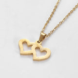 Stainless Steel Set Earring Pendant Necklace Double Heart Gold 18" P767