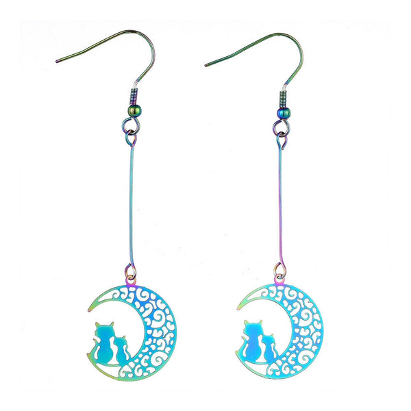 201 Stainless Steel Dangle Earrings Metal Moon Cat Shape 72mm A179