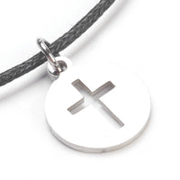 Stainless Steel Charm Bracelet Waxed Cotton Cord Cross Black Adjustable Z119