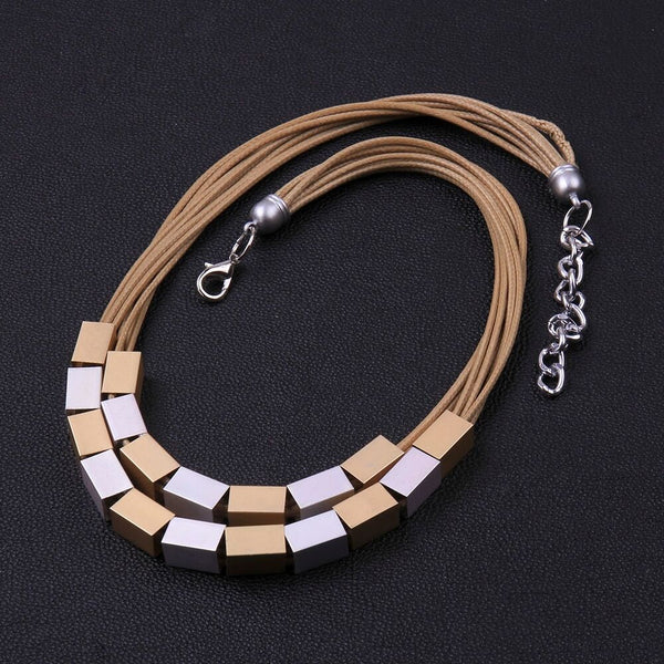 Geometric Yellow Gold Silver Metal Beige Cord Necklace L86