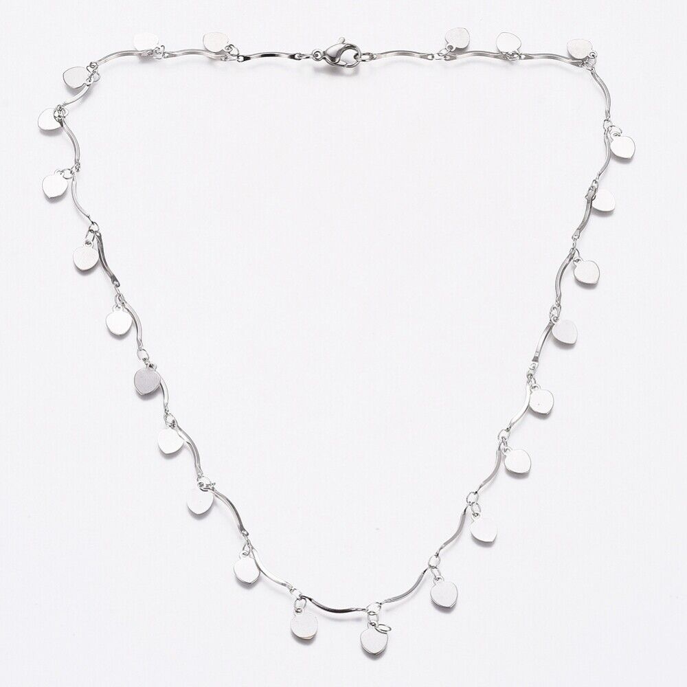 Stainless Steel Heart Charm Necklace Bar Necklace Lobster Silver 17.5" Z472