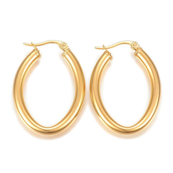 304 Stainless Steel Hoop Earrings Oval Gold 36x26x4mm Pin 1x0.8mm  P585