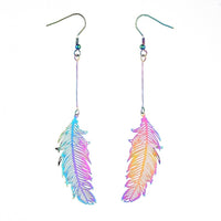 201 Stainless Steel Dangle Earrings Purple Electroplated Feather 98mm P154