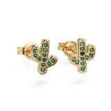 Pave Cubic Zirconia Stud Earrings Cactus Gold Green 9x7.5x1.7mm Pin 0.7mm P342