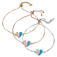 Adjustable Bracelets Slider Opal Cubic Zirconia Heart Gold Blue Pink 8.8"  P503