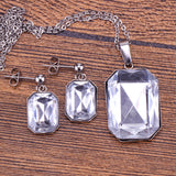 Stainless Steel Women's Unisex Set 18 Inch Necklace Earrings Square Zirconia Y74