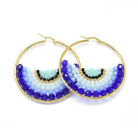 Stainless Steel Hoop Earrings Glass Beads Black Gold Blue Green 56x54x56mm P347