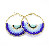 Stainless Steel Hoop Earrings Glass Beads Black Gold Blue Green 56x54x56mm P347