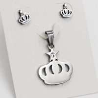 Stainless Steel Women's Unisex Set 18 Inch Necklace Earrings Crown Y27