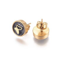Gold Tone Stainless Steel Stud Earrings Enamel Round Butterfly Black A183