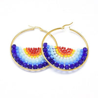 Stainless Steel Hoop Earrings Glass Beads Black Gold Blue Green 56x54x56mm P347