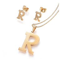 Stainless Steel Pendant 1.2" Earrings Necklace 17.7" Alphabet Letter Gold P813