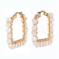 201 Stainless Steel Hoop Earrings Natural Agate Bead Rectangle Gold A178