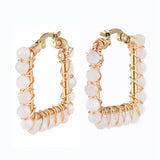 201 Stainless Steel Hoop Earrings Natural Agate Bead Rectangle Gold A178