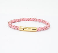 Unisex Men's Genuine Leather Stainless Steel Magnetic Clasp Bracelet Pink