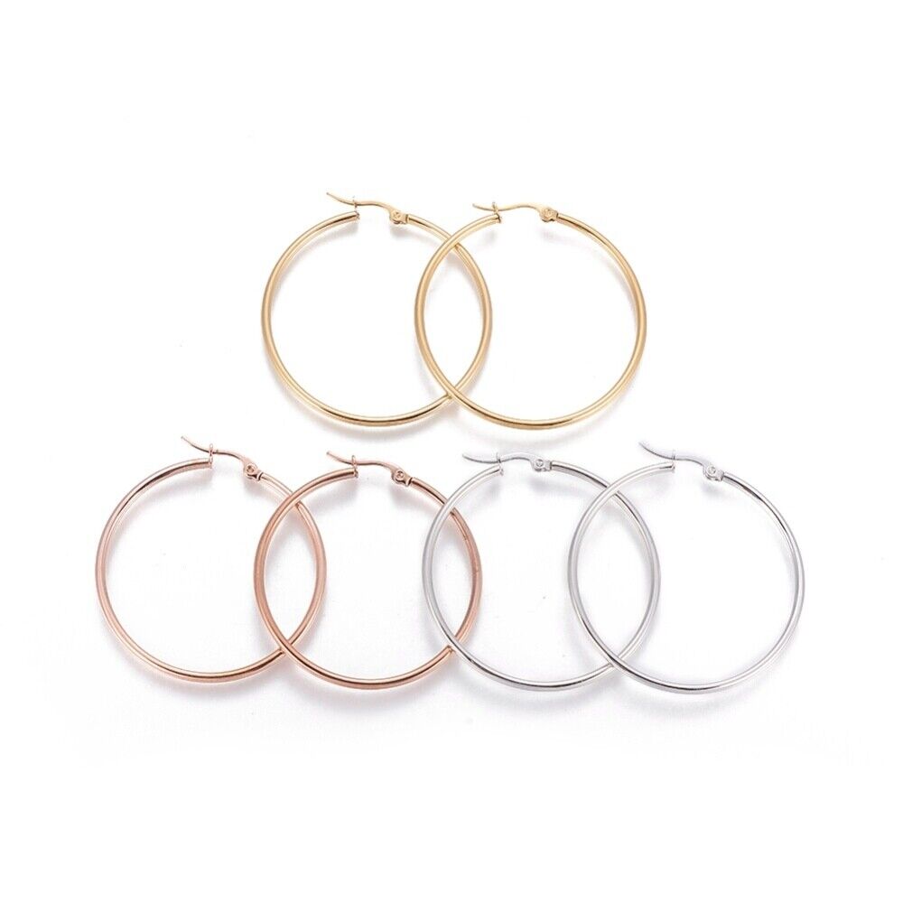 Stainless Steel Hoop Earrings Rose Gold Silver 40x2mm  0.7x1mm 3 pairs/set P188