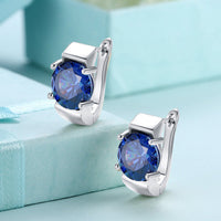 Platinum Plated Earrings Hoop Huggies AAA Zirconia Blue Latch Back Clasp L586