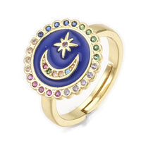 Cubic Zirconia Ring Enamel  Moon Star Blue Red White Size 7 Adjustable 17mm P442