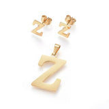 Stainless Steel Pendant 1.2" Earrings Necklace 17.7" Alphabet Letter Gold P813