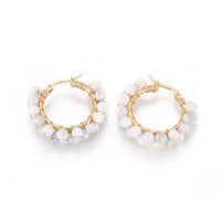 Stainless Steel Hoop Earrings Pearl Ring White Gold Agate Tiger Eye Howlite P326