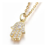 Stainless Steel Pendant Necklace Zirconia Palm Clear Gold 17.6" A394