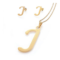 Stainless Steel Pendant 2" Earrings Necklace 17.7" Set Alphabet Letter Gold P814