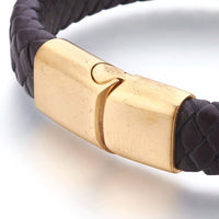 Leather Cord Bracelet Stainless Steel Magnetic Black Red Brown 7.8" Z47
