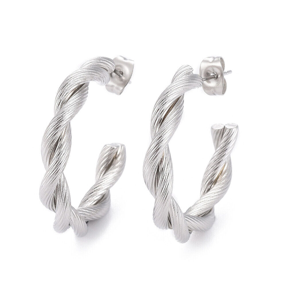 Stainless Steel Half Hoop Earrings Stud  Hypoallergenic Twisted Ring Gold Z277