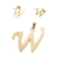 Stainless Steel Pendant 2" Earrings Necklace 17.7" Set Alphabet Letter Gold P814