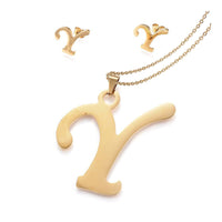 Stainless Steel Pendant 2" Earrings Necklace 17.7" Set Alphabet Letter Gold P814