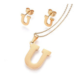 Stainless Steel Pendant 1.2" Earrings Necklace 17.7" Alphabet Letter Gold P813