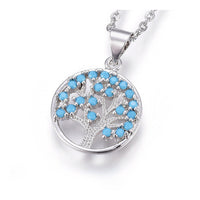 Stainless Steel Pendant Necklace Zirconia Round Life Tree Blue Gold 17.7' A284