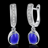 Platinum Plated Earrings Drop Dangle AAA Zirconia Blue Latch Back Clasp L591