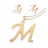 Stainless Steel Pendant 2" Earrings Necklace 17.7" Set Alphabet Letter Gold P814