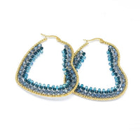 Stainless Steel Hoop Earrings Glass Beads Heart Gold DarkCyan 57.5x50x4mm  P619