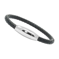 Unisex Genuine Leather Stainless Steel Magnetic Clasp Bracelet Black 8" Inches