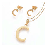 Stainless Steel Pendant 1.2" Earrings Necklace 17.7" Alphabet Letter Gold P813