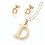 Stainless Steel Pendant 1.2" Earrings Necklace 17.7" Alphabet Letter Gold P813