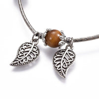 Stainless Steel Charm Bracelet Tiger Eye Labradorite Sandalwood Leaf 7.6" Z123